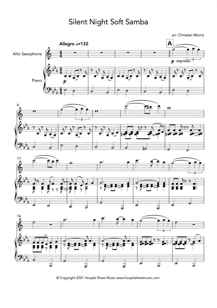 Silent Night Soft Samba (Alto Saxophone and Piano)