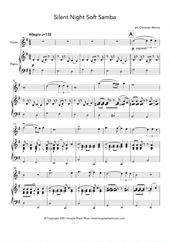 Silent Night Soft Samba (Violin and Piano)