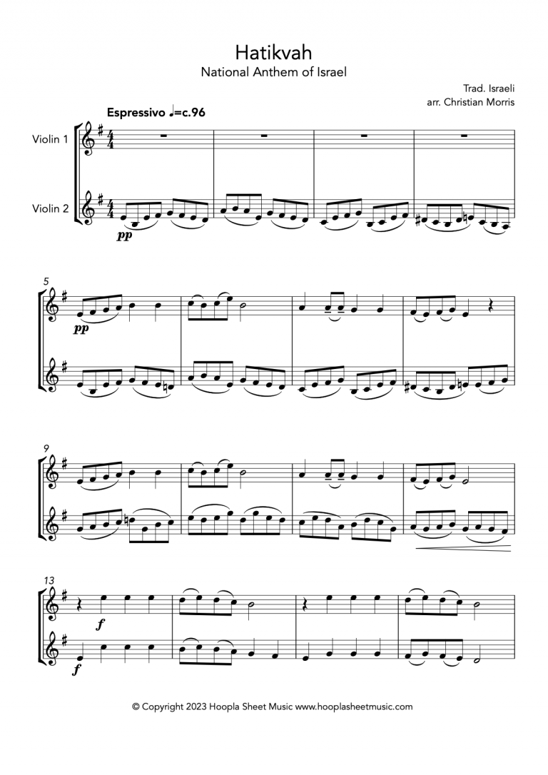 Hatikvah (Israel National Anthem) (Violin Duet)