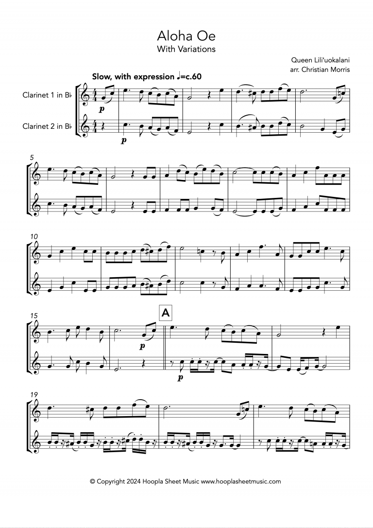 Aloha Oe, With Variations (Clarinet Duet)