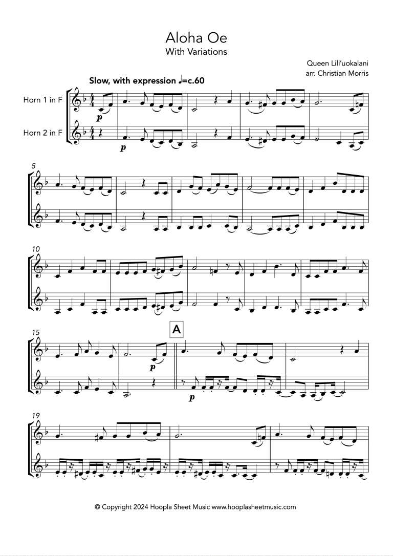 Aloha Oe, With Variations (French Horn Duet)