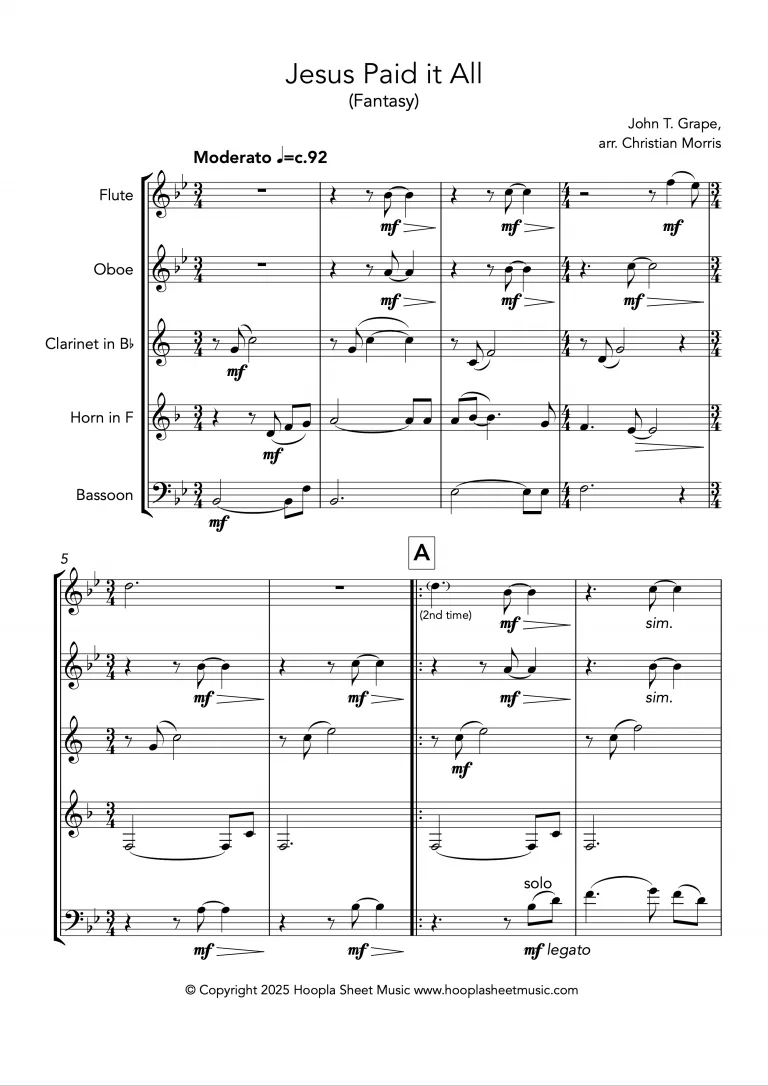 Jesus Paid it All (Fantasy) (Wind Quintet)